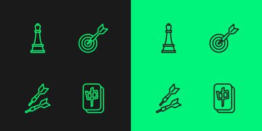 Sıra Mahjong parçaları Dart oku satranç ve klasik dart tahtası ve simgesi. Vektör.