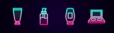 Krem ya da losyon kozmetik tüpü, sıvı sabun şampuanı ve fırçalı göz farı paletini ayarlayın. Parlayan neon ikonu. Vektör.