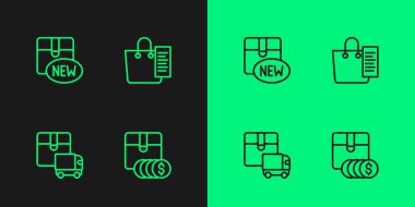 Malzeme fiyatını dolar teslimat kamyonu yeni koleksiyon ve alışveriş listesi simgesiyle belirleyin. Vektör.