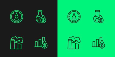 Hattı ayarlayın ve petrol gazı endüstriyel fabrikası Motor göstergesi ve benzin test tüpü ikonu. Vektör.