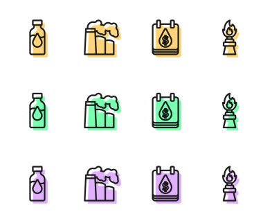 Yağ damlasını dolar sembollü benzin test tüpü ve gaz endüstriyel fabrikası ile ayarlayın ve yangın ikonu oluşturun. Vektör.