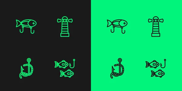 Set Angelhaken Mit Fisch Und Wurmköder Und Leuchtturm Symbol Vektor — Stockvektor