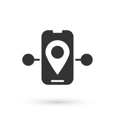 Gri Yol konum simgesi beyaz arkaplanda izole edildi. Tren yolu güzergahının başlangıç noktası GPS ve tire çizgisi olan yolu. Vektör.