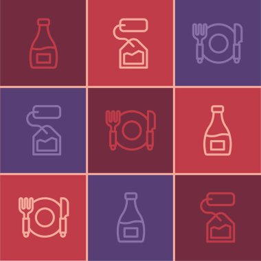 Sos şişesi, çatal, bıçak ve çay poşeti ikonu. Vektör.