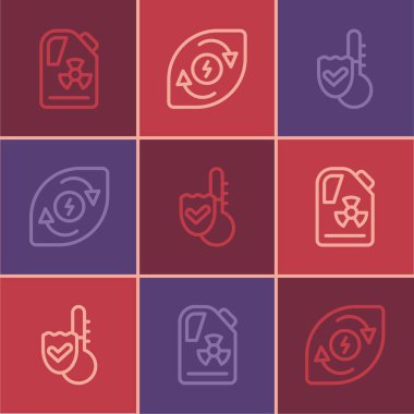 Radyoaktif atığı varil termometresi ve su enerji ikonuna yerleştir. Vektör.