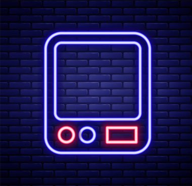 Parlayan neon hattı Elektronik kahve ölçekli ikon tuğla duvar arka planında izole edilmiş. Ağırlık ölçüm aletleri. Renkli taslak konsepti. Vektör.