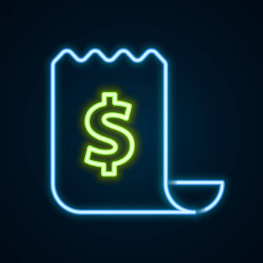 Parlayan neon hattı kağıt kontrolü ve finansal kontrol simgesi siyah arka planda izole edildi. Kağıt baskı çeki, makbuz ya da fatura. Renkli taslak konsepti. Vektör.