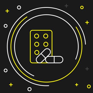 Line Sports doping, anabolik ilaçlar ve siyah arkaplanda dambıl ikonu. Anabolik steroid tableti. Haplar kavanozda. Renkli taslak konsepti. Vektör.