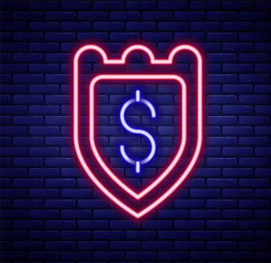 Parlayan neon hattı kalkanı ve tuğla duvar arkasında izole edilmiş dolar sembolü. Güvenlik kalkanı koruması. Para güvenliği konsepti. Renkli taslak konsepti. Vektör.