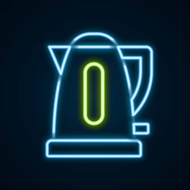 Parlayan neon hattı elektrik ısıtıcısı simgesi siyah arkaplanda izole edildi. Çaydanlık ikonu. Renkli taslak konsepti. Vektör.