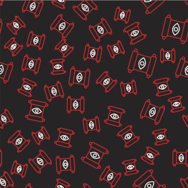 Line Magic scroll icon isolated seamless pattern on black background. Decree, paper, parchment, scroll icon. Vector.