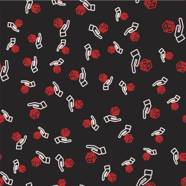 Çizgi Oyun zar simgesi siyah arkaplanda izole edilmiş kusursuz desen. Kumarhane kumarı. Vektör.