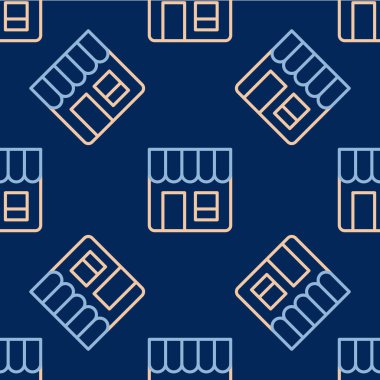 Hat Alışveriş binası ya da market simgesi mavi arka planda izole edilmiş pürüzsüz desen. Dükkan inşaatı. Vektör.