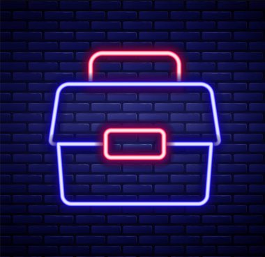 Titreşimli neon hattı kabı ya da kutu kutusu. Duvarın arka planında izole edilmiş balıkçılık ekipmanı ikonu. Balık oltası. Renkli taslak konsepti. Vektör.