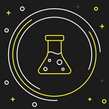 Çizgi yağı petrol test tüpü simgesi siyah arkaplanda izole edildi. Komiklik şişesi ve düşen damla. Renkli taslak konsepti. Vektör.