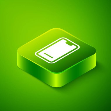 Isometric Food yeşil arka planda izole edilmiş mobil ikon siparişi veriyor. Cep telefonuyla sipariş verin. Restoran yemek teslimatı konsepti. Yeşil kare düğmesi. Vektör.