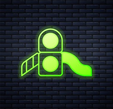 Parlayan neon kaydırak oyun alanı simgesi tuğla duvar arka planında izole edildi. Çocuklar kayar. Vektör.