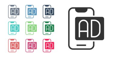 Beyaz arkaplanda siyah reklam simgesi izole edildi. Pazarlama ve tanıtım süreci kavramı. İlgili reklamlar. Sosyal medya reklamcılığı. Simgeleri renklendirin. Vektör.