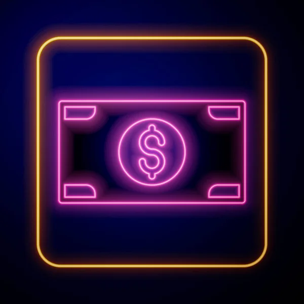 Świecący Neon Stosy Papierowe Pieniądze Ikona Gotówki Izolowane Czarnym Tle — Wektor stockowy