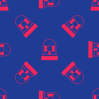 Kırmızı zil simgesi mavi arka planda izole edilmiş. Yangın alarmı. Servis zili, el zili işareti, uyarı sembolü. Vektör.