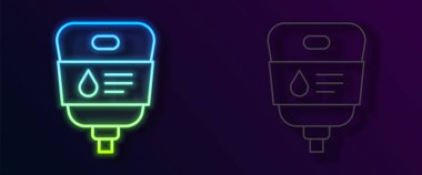 Parlayan neon hat IV torba ikonu siyah arkaplanda izole edildi. Kan torbası. Kan bağışı konsepti. Tedavi ve terapi kavramı, kemoterapi. Vektör.
