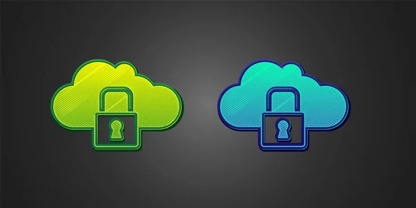 Green Blue Cloud Computing Lock Icon Isolated Black Background Security — Stock Vector