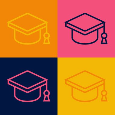 Pop Art Line mezuniyet kapağı simgesi renk arkaplanında izole edildi. Tassel ikonlu mezuniyet şapkası. Vektör.