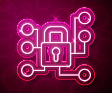 Glowing neon line Cyber security icon isolated on red background. Closed padlock on digital circuit board. Safety concept. Digital data protection. Vector.