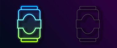 Parlayan neon hattı Soda kutusu simgesi siyah arkaplanda izole edildi. Vektör.