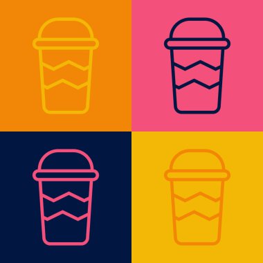 Pop Art Line Kahve fincanı renkli arka planda izole edilmiş bir ikon haline gelecek. Vektör.