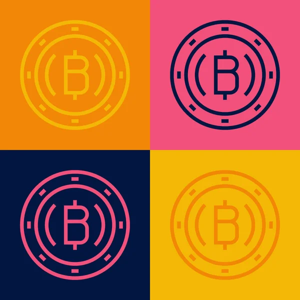 Pop sanat çizgisi Kripto para birimi simgesi Bitcoin renk arkaplanında izole edildi. Madeni para. Engelleme zinciri tabanlı şifreli para birimi. Vektör.