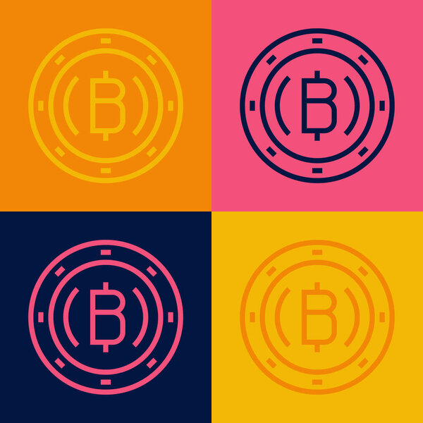 Pop art line Cryptocurrency coin Bitcoin icon isolated on color background. Physical bit coin. Blockchain based secure crypto currency. Vector.