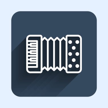 Beyaz çizgi müzik aleti akordeon simgesi uzun gölge arkaplanı ile izole edildi. Klasik bayan, harmonik. Mavi kare düğme. Vektör.