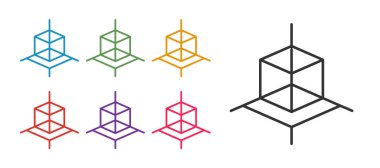 Satır 3d modelleme simgesini beyaz arkaplanda izole et. Artırılmış gerçeklik mi yoksa sanal gerçeklik mi? Simgeleri renklendirin. Vektör.