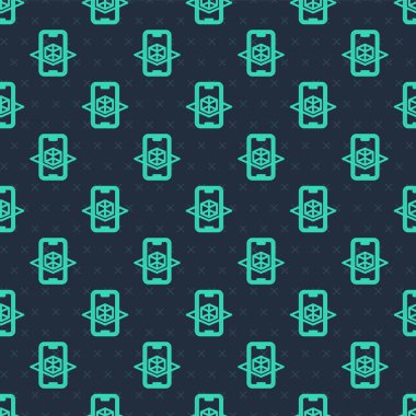 Yeşil çizgi 3D modelleme simgesi mavi arkaplanda izole edilmiş pürüzsüz desen. Artırılmış gerçeklik mi yoksa sanal gerçeklik mi? Vektör.