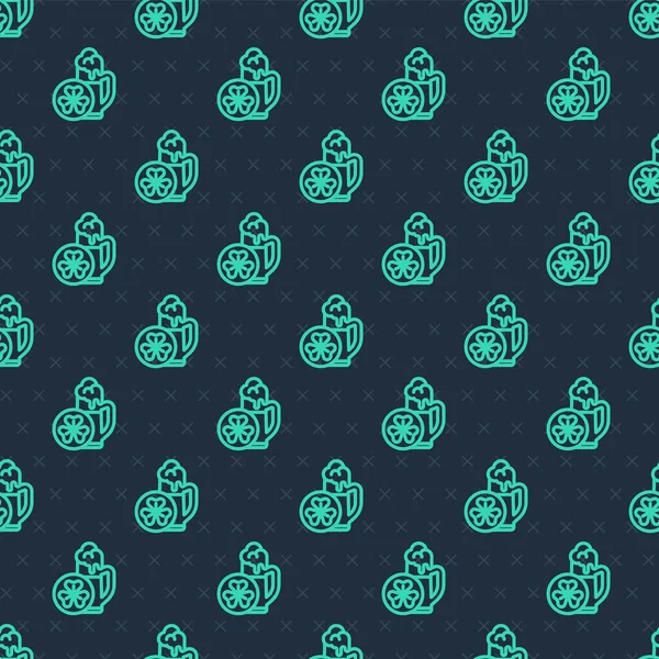 Yeşil çizgili cam bira ikonu mavi arka planda izole edilmiş kusursuz desen. Aziz Patrick gününüz kutlu olsun. Ulusal İrlanda bayramı. Vektör.