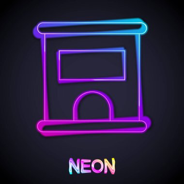 Siyah arka planda izole edilmiş tren ya da uçak ikonu için bilet almak için parlayan neon hattı bilet ofisi. Bilet alıyorum. Bilet servisi. Vektör.