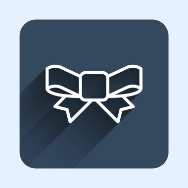 Beyaz çizgi hediye yay ikonu uzun gölge arkaplan izole. Mavi kare düğme. Vektör.