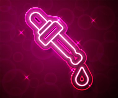 Parlak neon hattı Pipette 'in yağ ikonu kırmızı arka planda izole edilmiş. Organik aromaterapi özü. Cilt bakımı serumu cam bırakma paketi. Vektör.