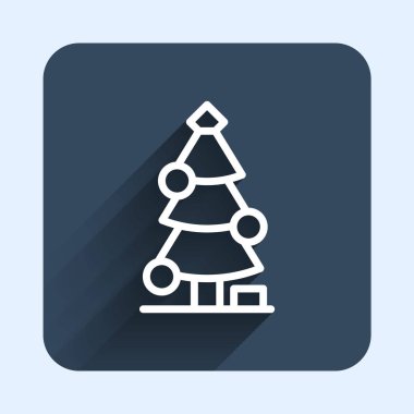 Dekorasyon simgesi uzun gölgeli beyaz çizgi Noel ağacı. Mutlu Noeller ve mutlu yıllar. Mavi kare düğme. Vektör.