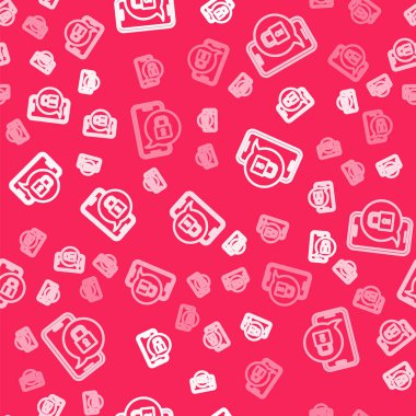 Kapalı asma kilit simgesine sahip beyaz çizgi akıllı telefon kırmızı arkaplanda izole edilmiş pürüzsüz desen. Kilitli telefon. Gezici güvenlik, güvenlik, koruma konsepti. Vektör.