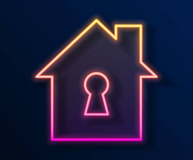 Parlayan neon çizgili ev siyah arka planda izole edilmiş koruma simgesi altında. Ev ve kalkan. Koruma, güvenlik, güvenlik, koruma, savunma konsepti. Vektör.