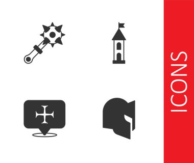 Ortaçağ miğferi Mace 'i çivili Haçlı Seferi ve kale ikonu ile ayarla. Vektör.