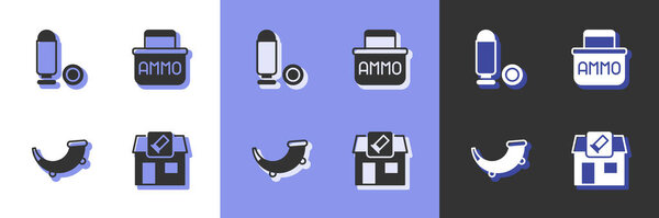 Set Hunting shop Bullet horn and Ammunition box icon. Vector.