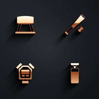 Pommel beysbol sopasını top saati ve kum torbası ikonuyla birlikte uzun gölgeli ayarla. Vektör.