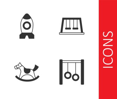 Jimnastik yüzüklerini ayarlayın. Roket oyuncak at eyeri salıncak ve çocuklar için salıncaklar. Vektör.