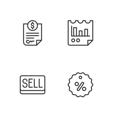Satır İndirim yüzde etiketini ayarla Kontrat parası ve grafik grafik grafik simgesi ile Belge sat. Vektör.