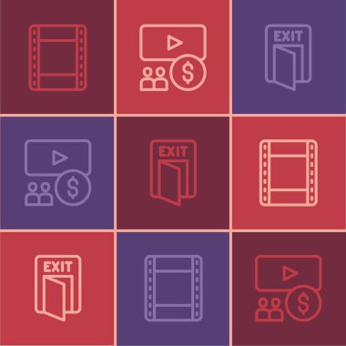 Hat Çal video yangın çıkışı ve sinema salonunu ekran simgesiyle ayarla. Vektör.