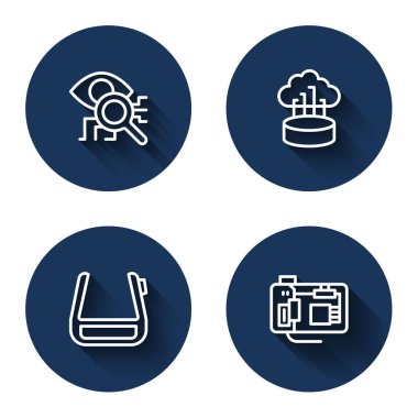 Hat göz tarama ağı bulut bağlantısını kurun. Akıllı gözlükler ve uzun gölgeli anakart. Mavi daire düğmesi. Vektör.