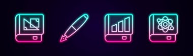 Geometri kitabı, tükenmez kalem ucu, finans kitabı ve fizik. Parlayan neon ikonu. Vektör.